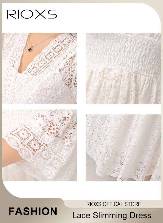 RIOXS Women's Long Sleeve Floral Lace Maxi Dress, Elegant A-Line V-neck Long Flared Sleeve Party Dress, Casual Soft Slim Fit Boho Beach Dress for Ladies, Flowy Elastic High Waist Lace Eyelet Hollow Out Long Wedding Dress for Party, Dating, Wedding, Cocktail, Evening, Prom, Vacation, White - Image 4