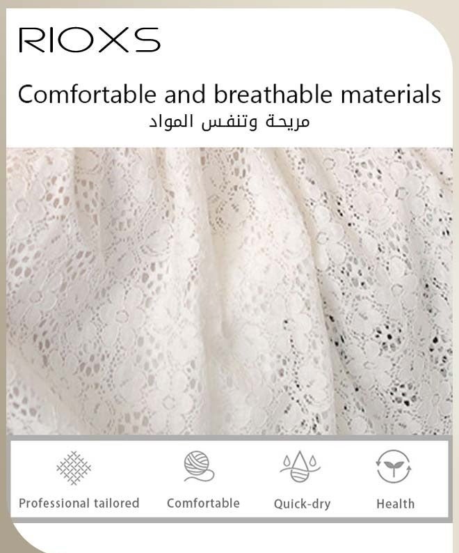 ريوكس فستان سيدات طويل  بأكمام طويل وتطريز زهري، فستان سيدات أنيق للحفلات بتصميم أي-لاين ورقبة V ،  فستان سيدات بوهو شاطئي عادي ناعم وضيق للتلبس، وستان طويل أبيض ومرن ومفرغ من الدانتيل بخصر مرتفع وتصميم متدفق، مثالي للزفاف والحفلات والمواعيد والكوكتيل والسهرة وحفلات التخرج والإجازات - Image 3