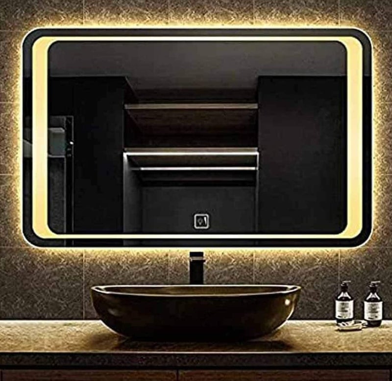 PRINCE ART LED Mirror Glass Bathroom Wall Full Length Decorative Light Wall Mirror Darpan Rectangle for Room Hall Makeup Room Wash Basin Size 24x18 Inch Framed Rectangular - Image 1