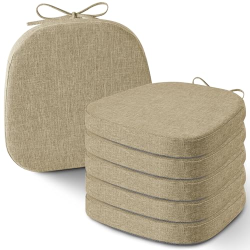 AddGrace Set of 6 Chair Cushions for Metal Dining Chairs 14x14 Chair Pads with Ties Non Slip Thick Seat Cushions with Textured and Removable Cover 6 Beige - Image 1