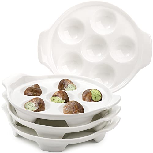 Okllen 4 Pack Ceramic Escargot Plates with 6 Holes and Handles, 6.5 Inch Seafood Snail Dish Footed Plates White Escargot Baking Dish Barbecue for Home, Kitchen, Restaurant - Image 1