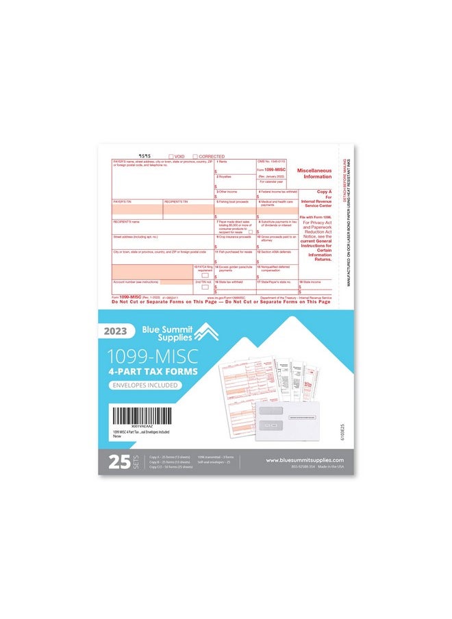 Blue Summit Supplies - 1099 Misc Forms 2023 4 Part Tax Forms Kit 25 Vendor Kit Of Laser Forms Compatible With Quickbooks And Accounting Software 25 Self Seal Envelopes Included - Image 1