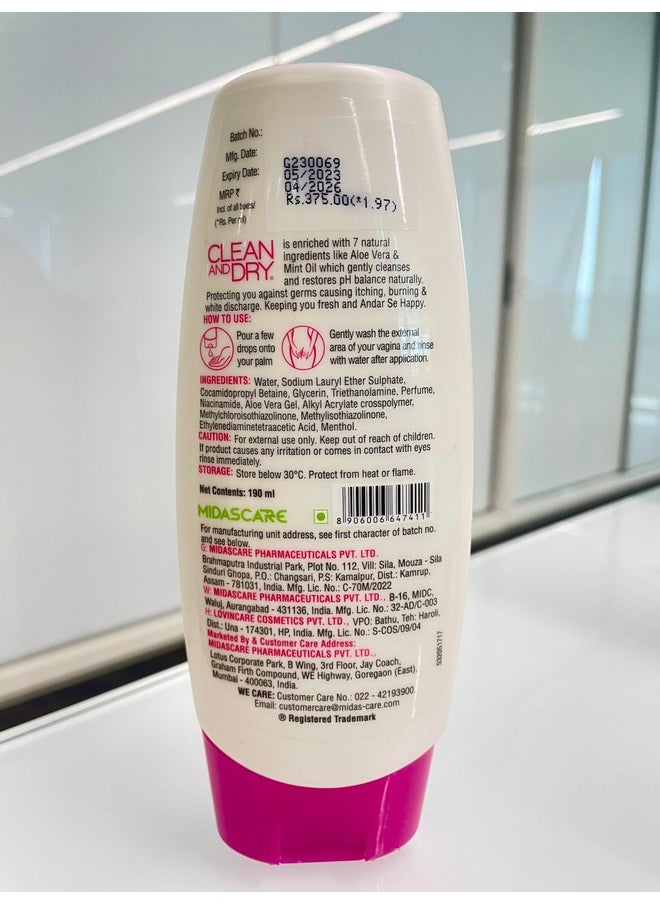 clean and dry Clean and Dry| Daily Intimate Wash| Hygiene Wash For Women, Vaginal Wash | Prevents Infections | No Itching, Burning, White Discharge| 190ml  - Image 2