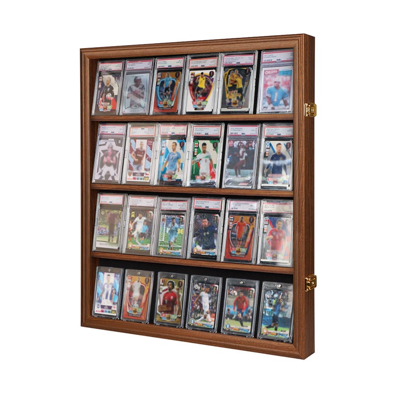 24 Graded Sport Card Display Case Wall Mount Baseball Card Display Case with Clear View and UV Protection Acrylic Door for Baseball Football Basketball Hockey Trading Card CollectionVertical Walnut
