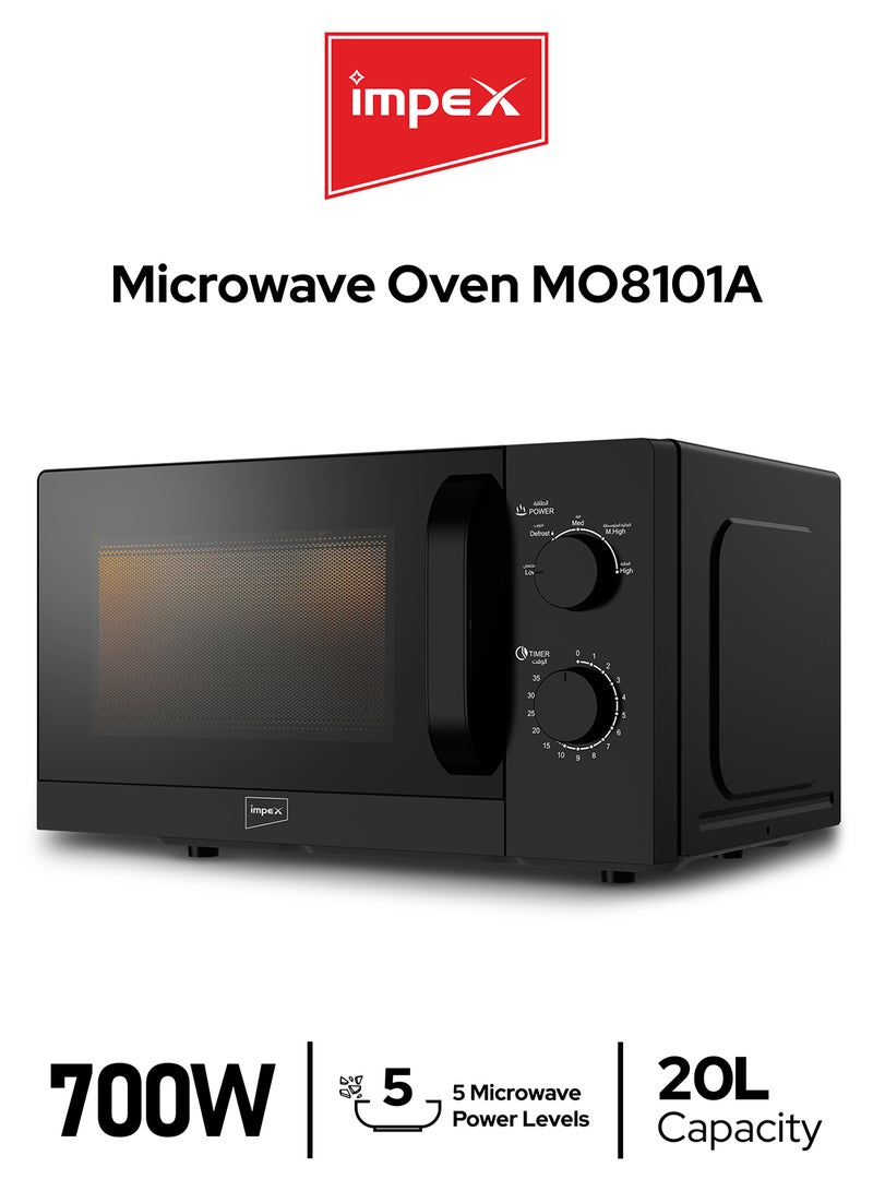 Impex 20 Liters Microwave Oven Compact Countertop Kitchen Microwave 700W Power 5 Power Levels with Defrost 35 Min Timer 255mm Glass Turntable | MO 8101A Black 20 L 700 W MO 8101A White With Black 20 L 700 W MO 8101A Black - Image 1