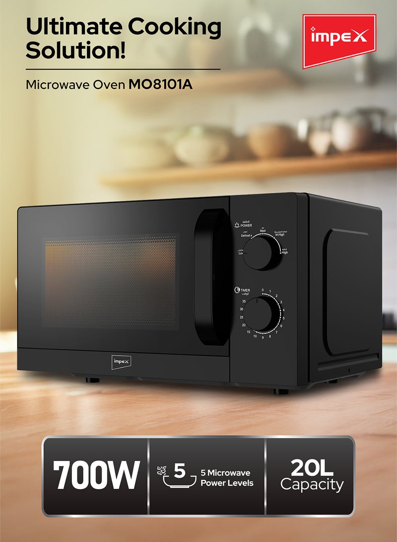 Impex 20 Liters Microwave Oven Compact Countertop Kitchen Microwave 700W Power 5 Power Levels with Defrost 35 Min Timer 255mm Glass Turntable | MO 8101A Black 20 L 700 W MO 8101A White With Black 20 L 700 W MO 8101A Black - Image 2
