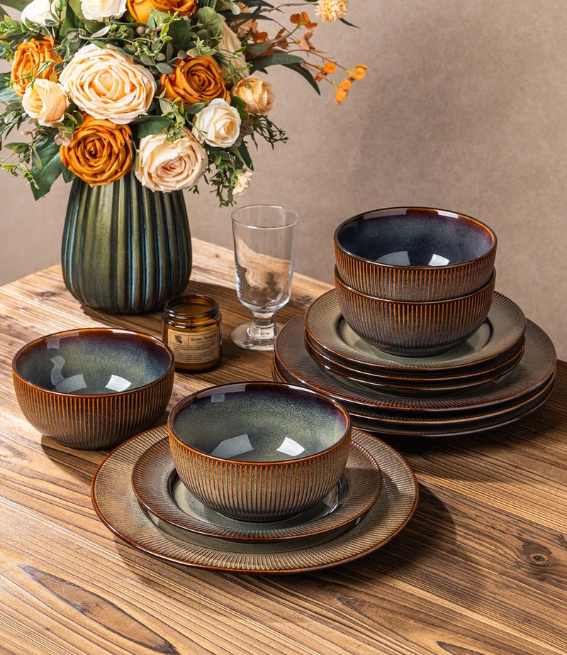 TheTerra Stoneware Dinnerware Sets for 4, 12 Pieces Ceramic Plates and Bowls Sets, Scratch Resistant Embossed Dish Set, Oven, Microwave & Dishwasher Safe, Coca Mocha - Image 4