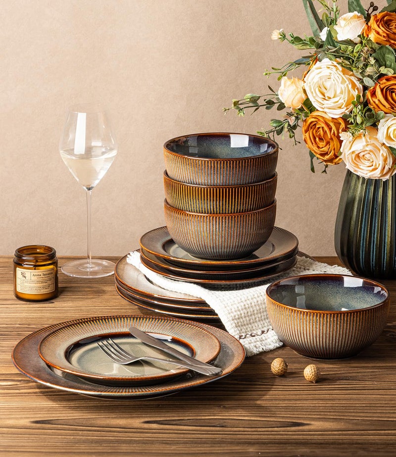 TheTerra Stoneware Dinnerware Sets for 4, 12 Pieces Ceramic Plates and Bowls Sets, Scratch Resistant Embossed Dish Set, Oven, Microwave & Dishwasher Safe, Coca Mocha - Image 5