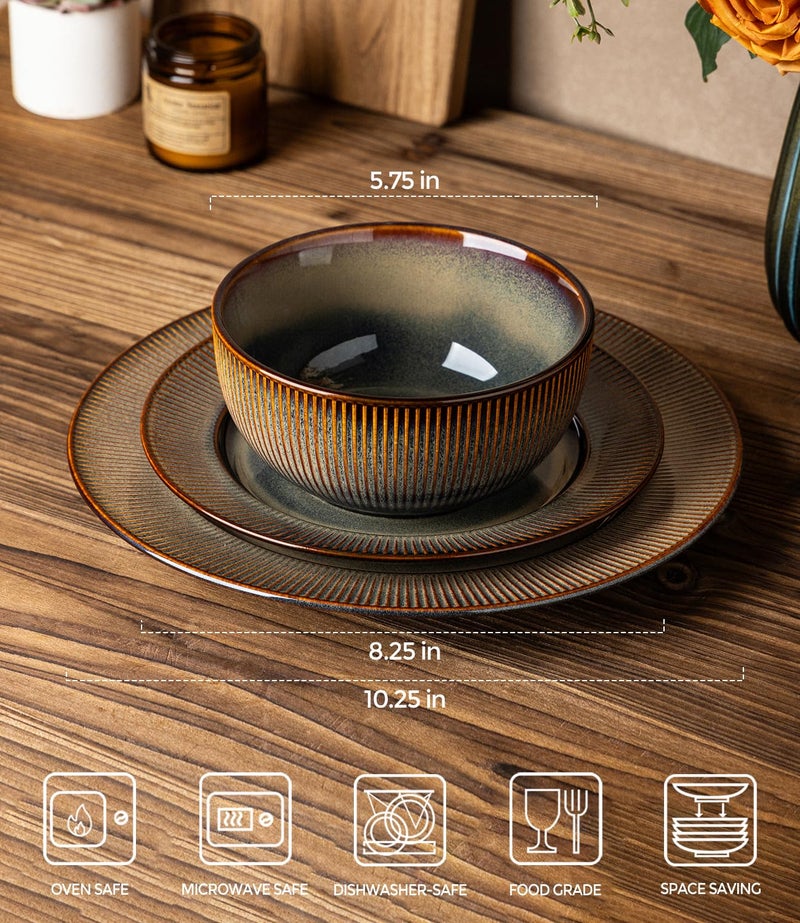 TheTerra Stoneware Dinnerware Sets for 4, 12 Pieces Ceramic Plates and Bowls Sets, Scratch Resistant Embossed Dish Set, Oven, Microwave & Dishwasher Safe, Coca Mocha - Image 2