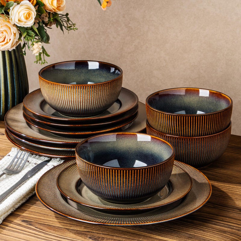TheTerra Stoneware Dinnerware Sets for 4, 12 Pieces Ceramic Plates and Bowls Sets, Scratch Resistant Embossed Dish Set, Oven, Microwave & Dishwasher Safe, Coca Mocha - Image 1