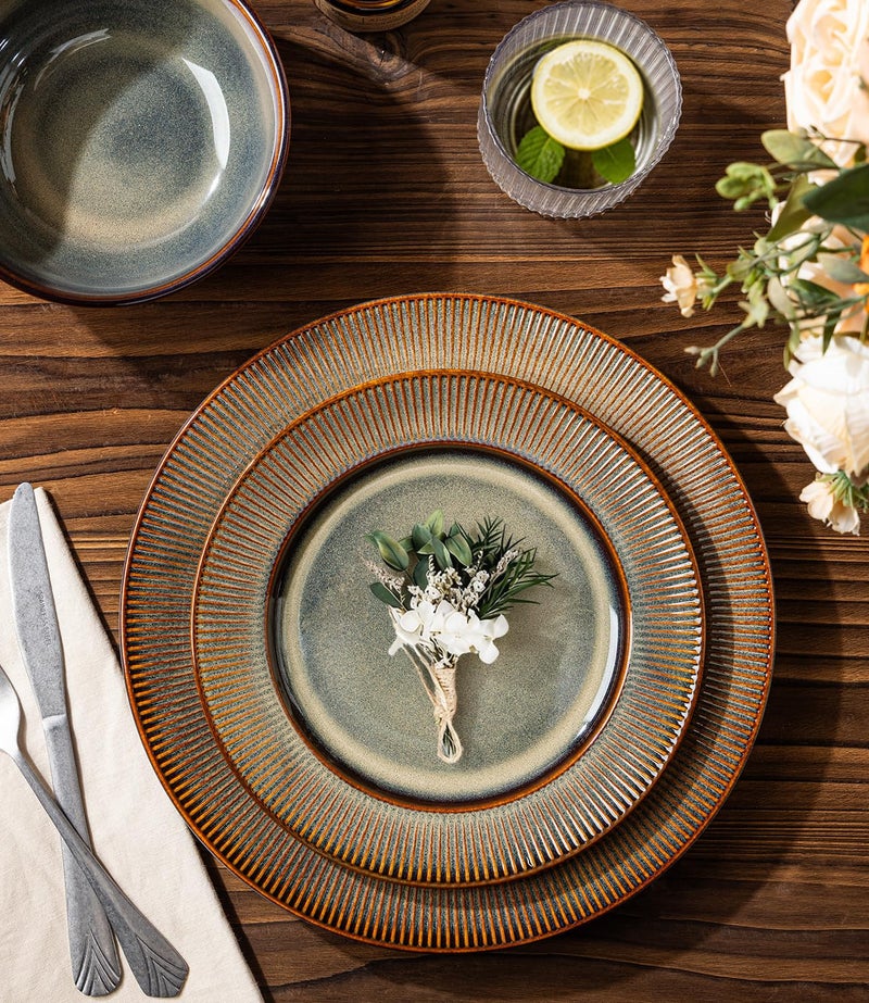 TheTerra Stoneware Dinnerware Sets for 4, 12 Pieces Ceramic Plates and Bowls Sets, Scratch Resistant Embossed Dish Set, Oven, Microwave & Dishwasher Safe, Coca Mocha - Image 3