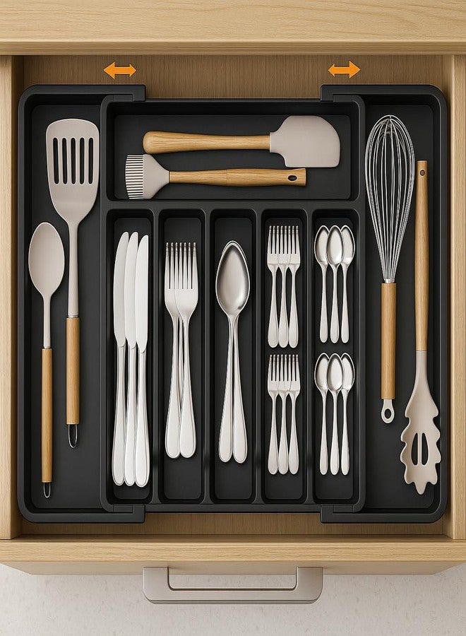 Veterit Silverware Drawer Organizer, Expandable Utensil Tray for Kitchen, BPA Free Flatware and Cutlery Holder, Adjustable Plastic Storage for Spoons Forks Knives, Large (Black) - Image 1