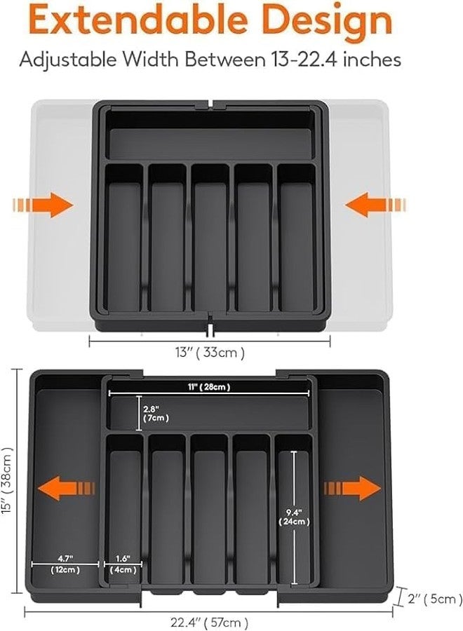 Veterit Silverware Drawer Organizer, Expandable Utensil Tray for Kitchen, BPA Free Flatware and Cutlery Holder, Adjustable Plastic Storage for Spoons Forks Knives, Large (Black) - Image 3