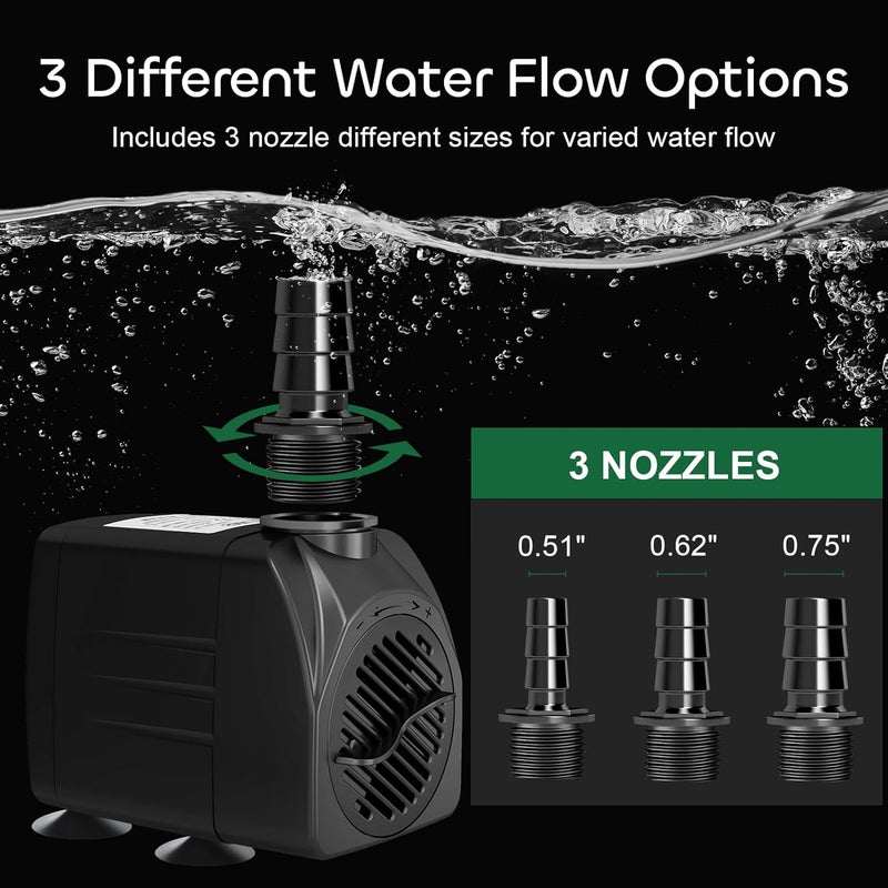 GROWNEER 550GPH Submersible Pump 30W Fountain Water Pump, 2000L/H, with 7.2ft High Lift, 3 Nozzles for Aquarium, Fish Tank, Pond, Hydroponics, Statuary - Image 4