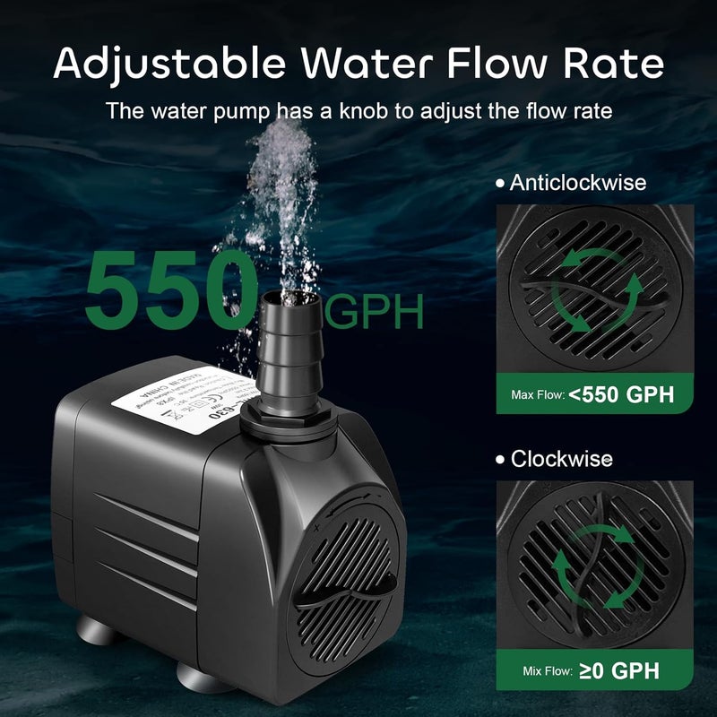 GROWNEER 550GPH Submersible Pump 30W Fountain Water Pump, 2000L/H, with 7.2ft High Lift, 3 Nozzles for Aquarium, Fish Tank, Pond, Hydroponics, Statuary - Image 2