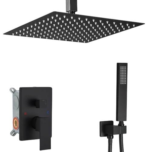 Heable Matte Black Shower System Bathroom 12 Inch Rain Shower Head Ceiling Mount with Handheld Luxury High Pressure Shower Combo Set Shower Faucet Rough-in Valve Body and Trim Included - Image 1