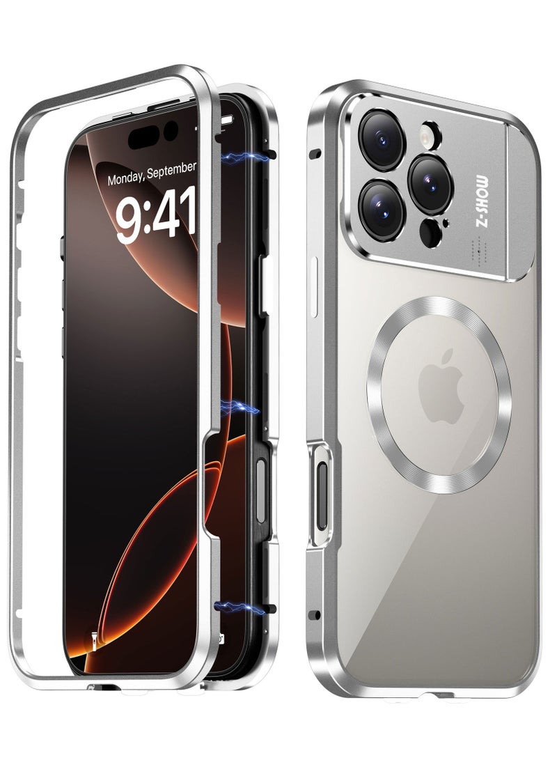 General Case for iPhone 16 Pro Max with Camera Invisible Stand [Compatible with MagSafe] 360 Degree Protection Magnetic Absorption Metal Bumper Front Glass and Back PC Cover 