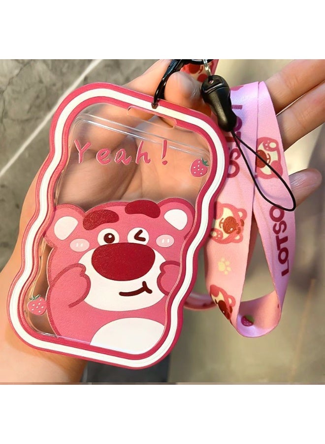 NIBEMINENT 1 - Piece Strawberry Bear Kpop Photo Card Holder Pendant Key Chain ID Badge Holder ID Card Holder Photo Card Protector for School ID Office ID Access Card for Women Girls