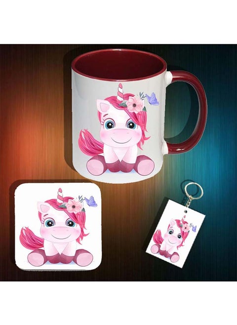 Unicorn Ceramic Red Mug With Coaster And Keychain