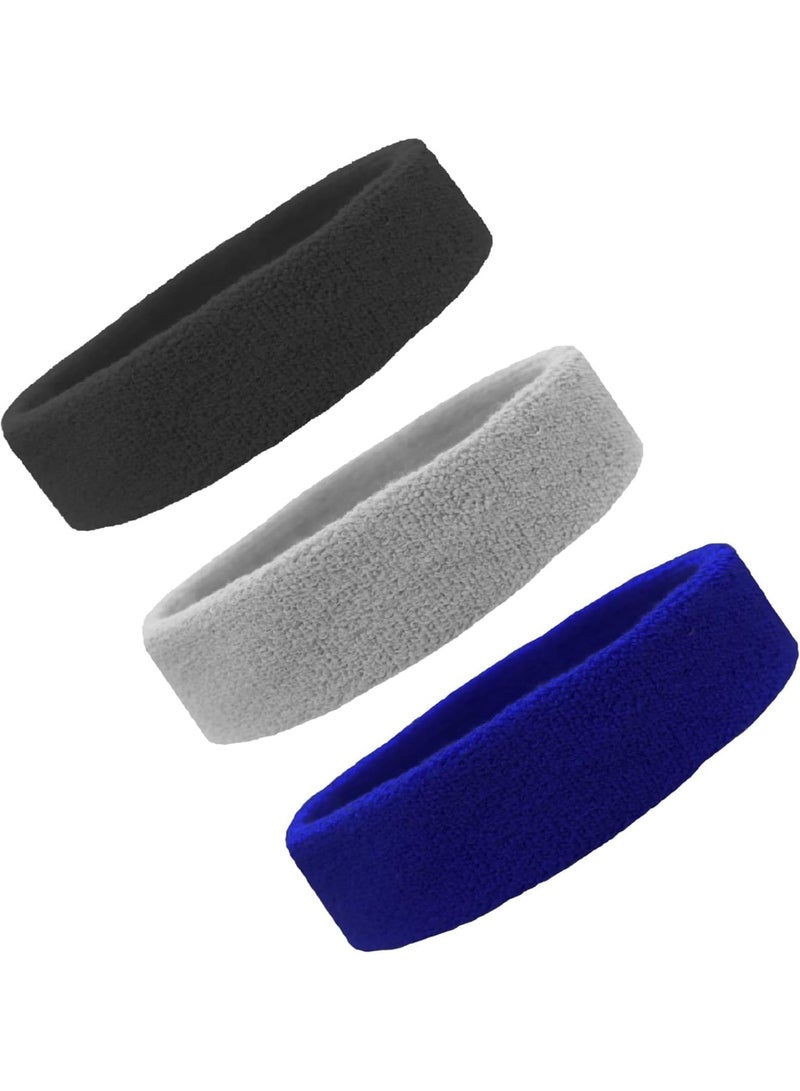 Sports Headband Set, Sweatproof and Moisture Wicking Terry Cloth Headbands for Workout, Black, Grey and Blue - Image 1