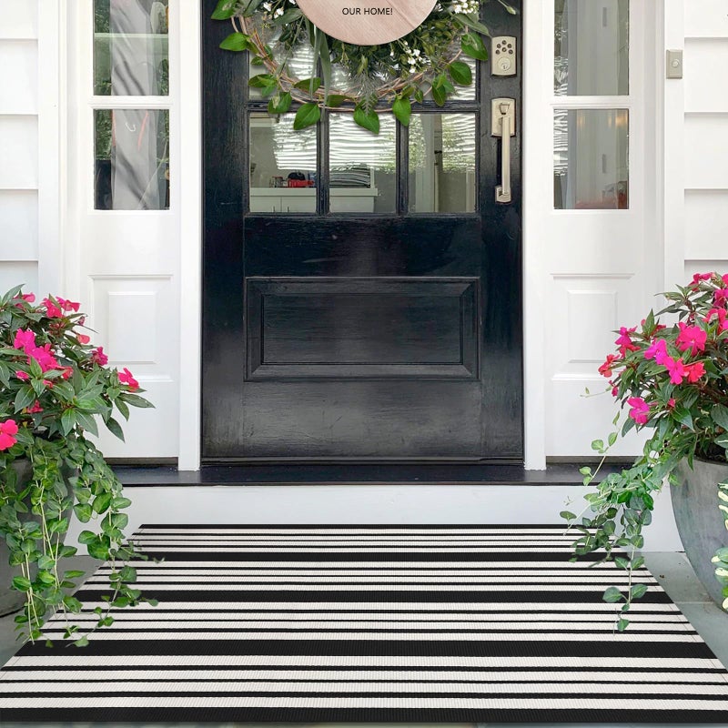 IOHOUZE Black and White Striped Rug 2.3'x3.6' Front Door Rugs Outdoor, Small Washable Area Rug for Front Porch, Spring Summer Doormats Outdoor Indoor, Cotton Rugs for Entryway Porch Entrance - Image 1