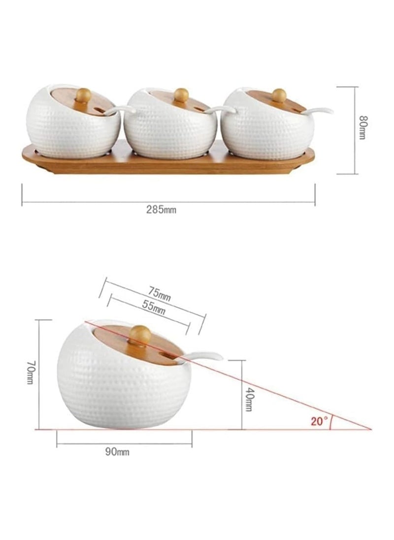 TOMATUS Condiment Jar Spice Container with Bamboo Lids Tray Ceramic Serving Spoon Set of 3 White 170ml58 OZ Perfect Spice Storage for Home Kitchen