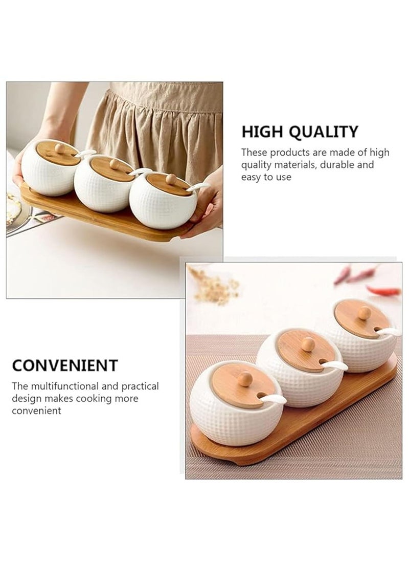 TOMATUS Condiment Jar Spice Container with Bamboo Lids Tray Ceramic Serving Spoon Set of 3 White 170ml58 OZ Perfect Spice Storage for Home Kitchen