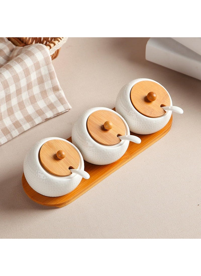TOMATUS Condiment Jar Spice Container with Bamboo Lids Tray Ceramic Serving Spoon Set of 3 White 170ml58 OZ Perfect Spice Storage for Home Kitchen