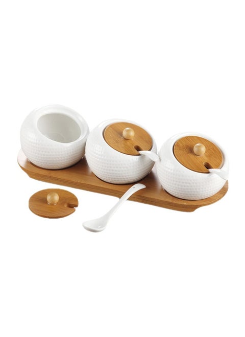 TOMATUS Condiment Jar Spice Container with Bamboo Lids Tray Ceramic Serving Spoon Set of 3 White 170ml58 OZ Perfect Spice Storage for Home Kitchen