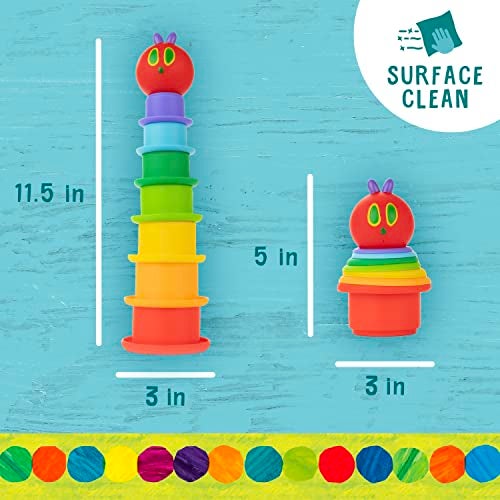 Kids Preferred عالم إريك كارل المفضل للأطفال - مجموعة أكواب التراص لوقت الاستحمام مع رأس يرقة رشاشة مستوحاة من قصة اليرقة الجائعة جدًا، مناسبة للأطفال من عمر 18 شهرًا فما فوق - Image 5