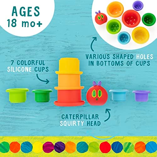 Kids Preferred عالم إريك كارل المفضل للأطفال - مجموعة أكواب التراص لوقت الاستحمام مع رأس يرقة رشاشة مستوحاة من قصة اليرقة الجائعة جدًا، مناسبة للأطفال من عمر 18 شهرًا فما فوق - Image 3