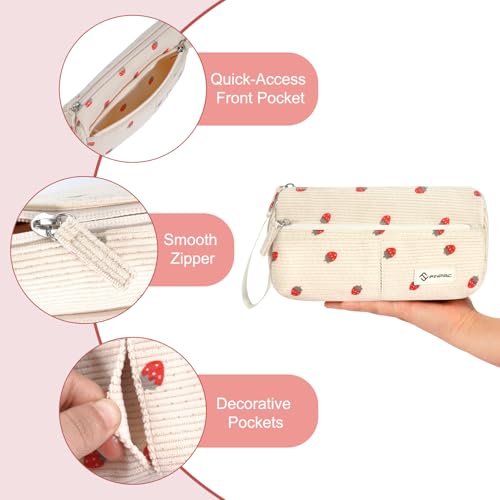 FINPAC Pencil Case, Corduroy Triangle Makeup Bag, Kawaii Pen Bag Pouch Holder Box Organize for Study, Office, or Travel, Strawberry - Image 2