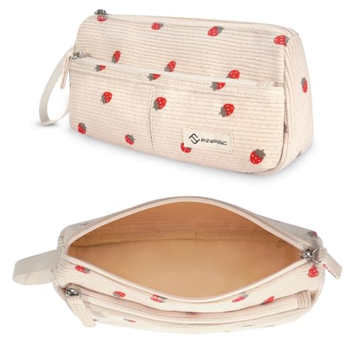 FINPAC Pencil Case, Corduroy Triangle Makeup Bag, Kawaii Pen Bag Pouch Holder Box Organize for Study, Office, or Travel, Strawberry - Image 1