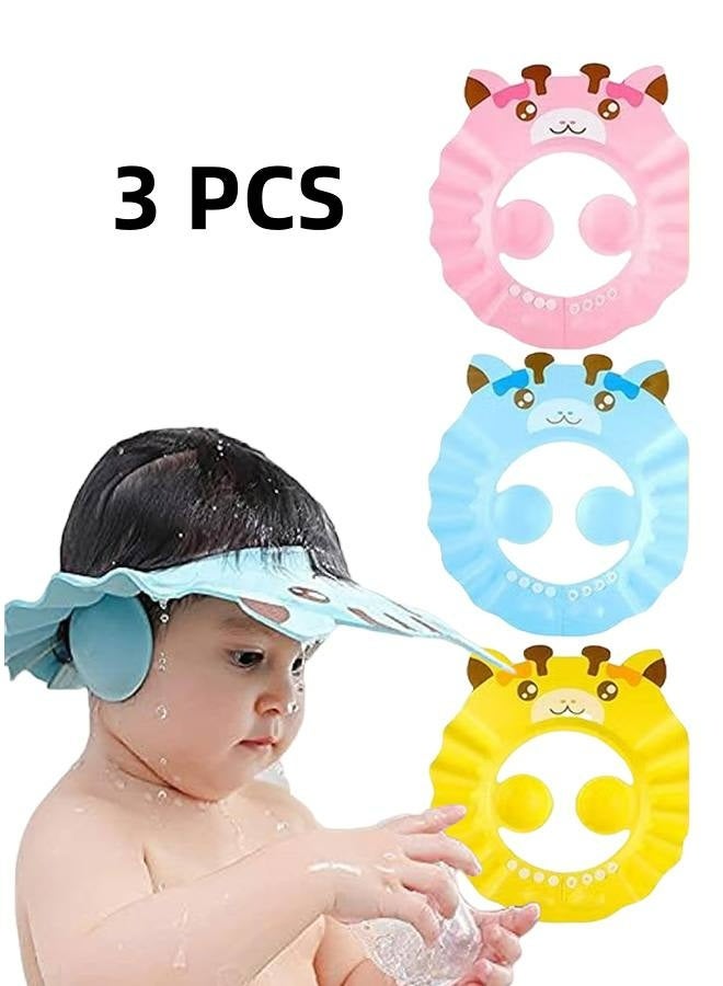 3 Pcs Baby Shower Cap, Adjustable Shampoo Visor Bath Hat, Infants Soft Protection Safety, Protect Ear Eye Baby Hair Washing Aids for Baby Toddler Children Kids (Blue Pink Yellow) - Image 1