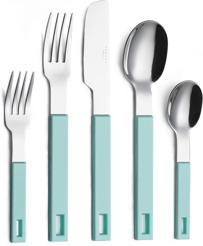 Annova ANNOVA Silverware Set 20 Pieces Stainless Steel Cutlery Color Block Handle Modern Style Flatware  4 x Dinner Knife 4 x Dinner Fork 4 x Salad fork 4 x Dinner Spoon 4 x Dessert Spoon Turquoise - Image 1