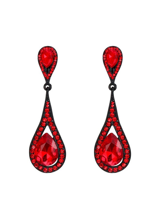 EVER FAITH Austrian Crystal Costume Jewelry Accessories Elegant Dual Tear Drop Prom Clip-On Dangle Earrings For Women Red Black-Tone  - Image 1