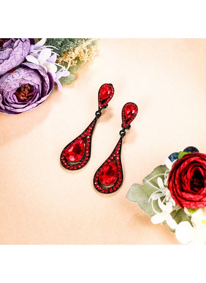 EVER FAITH Austrian Crystal Costume Jewelry Accessories Elegant Dual Tear Drop Prom Clip-On Dangle Earrings For Women Red Black-Tone  - Image 3