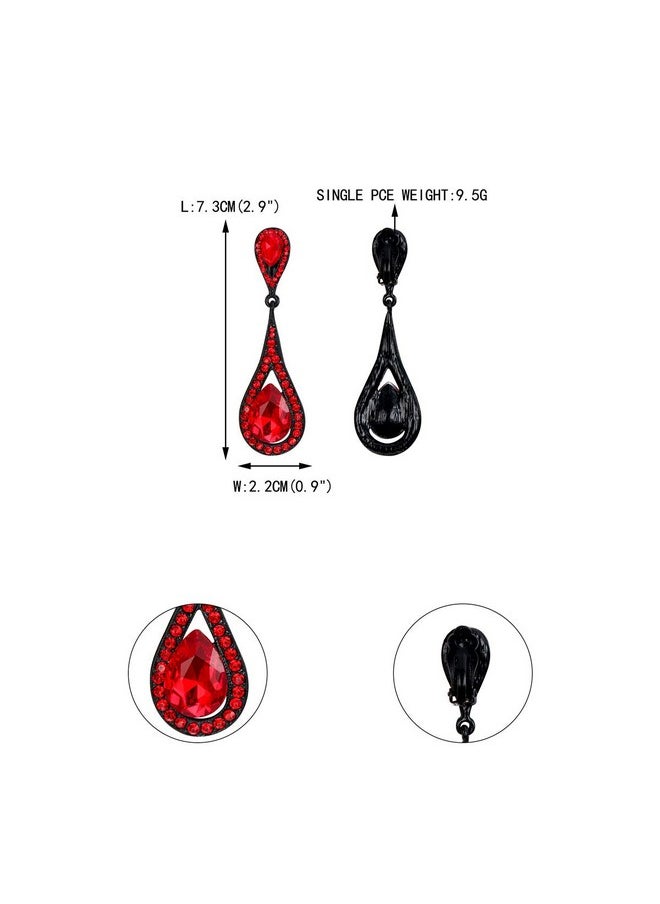 EVER FAITH Austrian Crystal Costume Jewelry Accessories Elegant Dual Tear Drop Prom Clip-On Dangle Earrings For Women Red Black-Tone  - Image 4