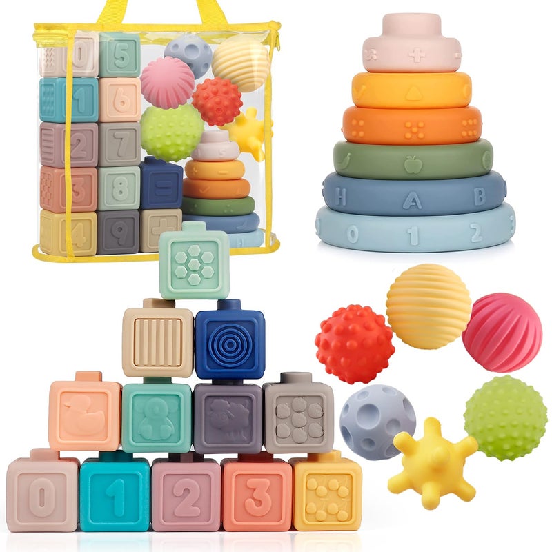 Weilim Montessori Toys Soft Stacking Building Blocks Rings Balls Sets 3 in 1 Baby Toys Bundle for Babies Sensory for Toddlers Teething Bath for Infants Learning Education Toy - Image 4