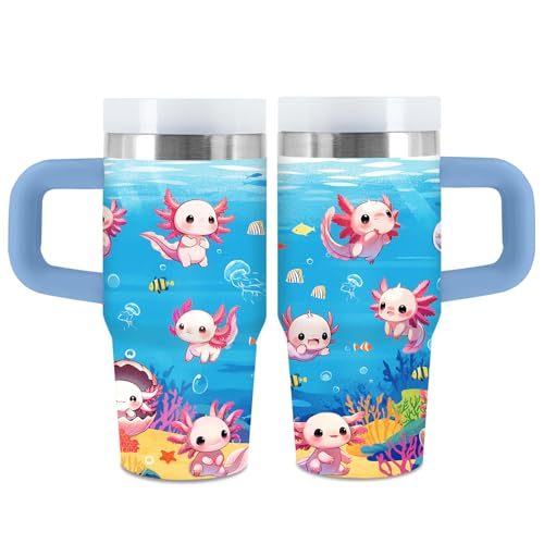 xiiai Axolotl Gifts for Girls 14oz Blue Kids Axolotl Tumbler with Handle and Straw Stainless Steel Insulated Water Cup for Sport School Travel Axolotl Lovers Gift for Children Birthday Gift Cup1pc - Image 1