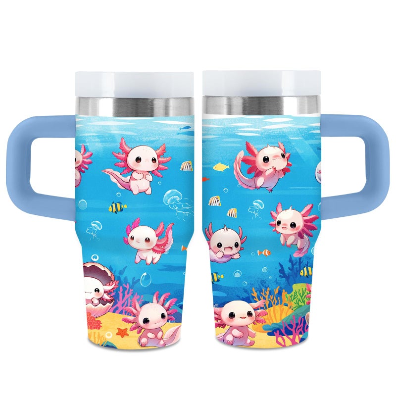xiiai Axolotl Gifts for Girls 14oz Blue Kids Axolotl Tumbler with Handle and Straw Stainless Steel Insulated Water Cup for Sport School Travel Axolotl Lovers Gift for Children Birthday Gift Cup1pc - Image 2