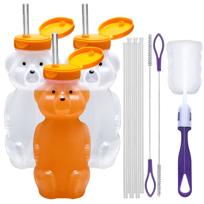 Special Supplies Honey Bear Straw Cup Long Straws, Squeezable Therapy and Special Needs Assistive Drink Container, Spill Proof and Leak Resistant Lid (Pack of 3 Bottles and 6 Straws) - Image 1