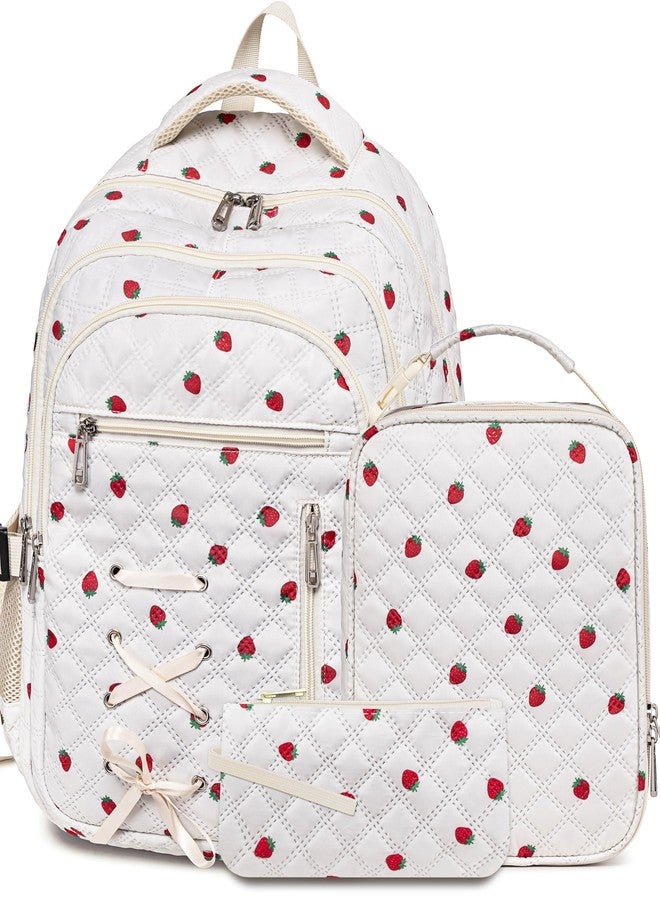 TuErCao Backpack with Lunch Box and Pencil Case for Girls Boys for Age 8-14 Bookbag for Kids Elementary Middle High School, Strawberry, Medium, Preppy, Cute - Image 1