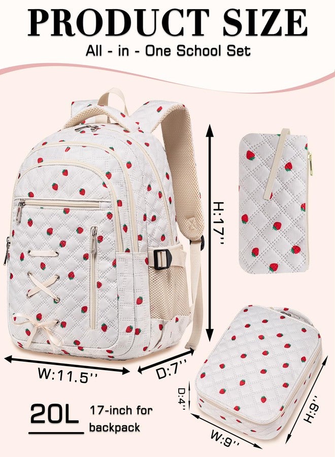 TuErCao Backpack with Lunch Box and Pencil Case for Girls Boys for Age 8-14 Bookbag for Kids Elementary Middle High School, Strawberry, Medium, Preppy, Cute - Image 4