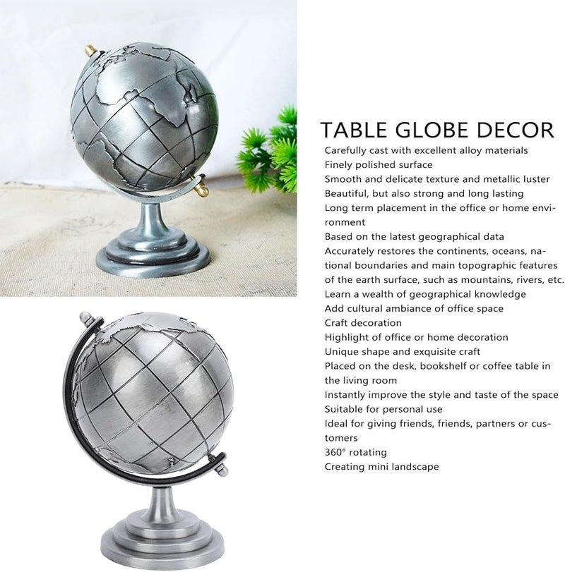 كرة العالم من سبيكة رمادية تدور 360 درجة، زينة تعليمية للمكتب المنزلي أو المكتبي - Image 4