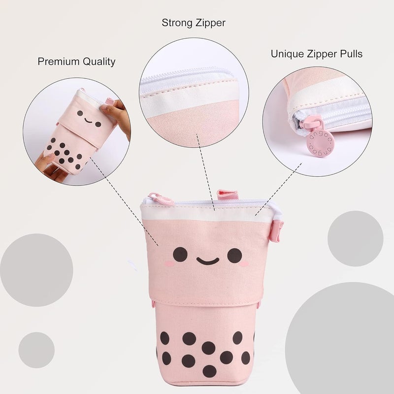FINEMOE Polyester Standing Pencil Case Cute Pencil Pouch For Girls & Boys - Korean Boba Pop Up Stationery Makeup Cosmetic Organizer Box, Pen Pencil For Boys Kids Women School Students (Pink) - Image 2