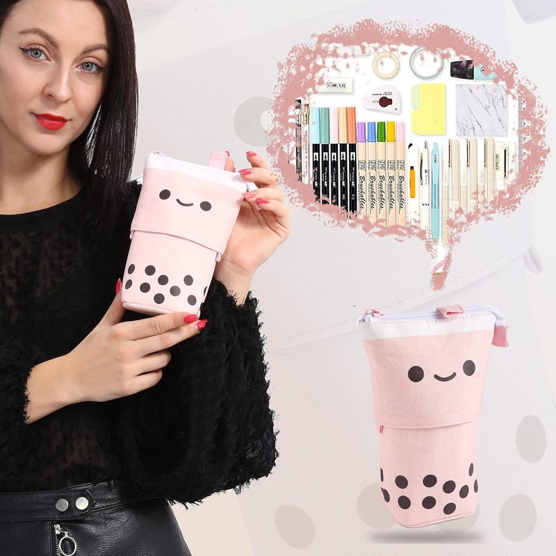 FINEMOE Polyester Standing Pencil Case Cute Pencil Pouch For Girls & Boys - Korean Boba Pop Up Stationery Makeup Cosmetic Organizer Box, Pen Pencil For Boys Kids Women School Students (Pink) - Image 3