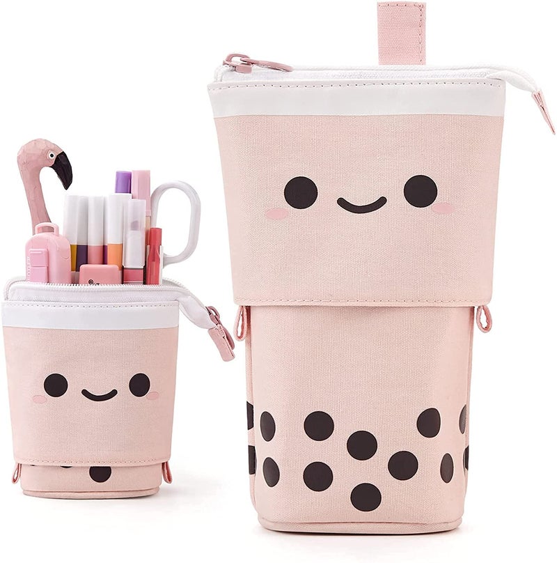FINEMOE Polyester Standing Pencil Case Cute Pencil Pouch For Girls & Boys - Korean Boba Pop Up Stationery Makeup Cosmetic Organizer Box, Pen Pencil For Boys Kids Women School Students (Pink) - Image 1