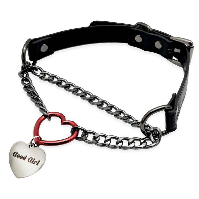 paloli Leather Slip Chain Choker â€“ Adjustable PU Vegan Collar With Heart Ring & Cuban Chain, Letter Heart Pendant Necklace for Women - Image 1