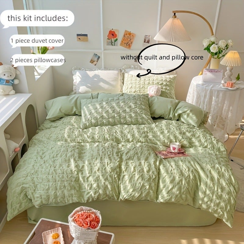 Bubble Plaid Bedding Set 3pcs Fresh Quilt Cover and Pillowcase - Image 1
